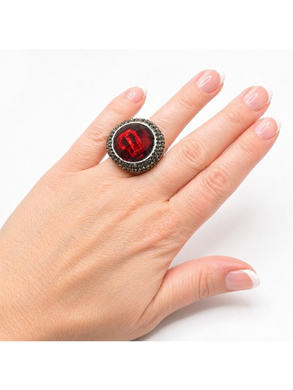 Chunky Cocktail Ring Red Acrylic Cabochon Rhinestone Halo Silver Tone Sz 7 VTG
